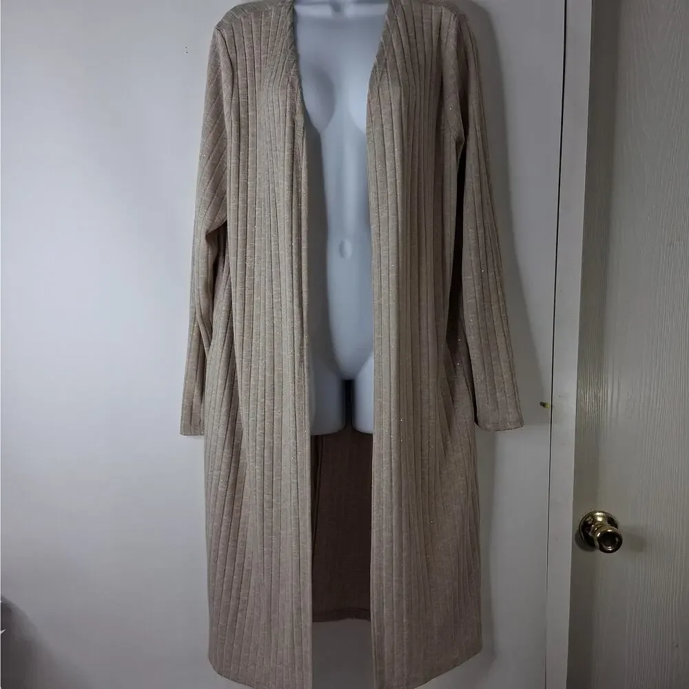 Lane Bryant Open Front Duster Cardigan Sweater Ribbed‎ Knit Women's 14/16 Beige
